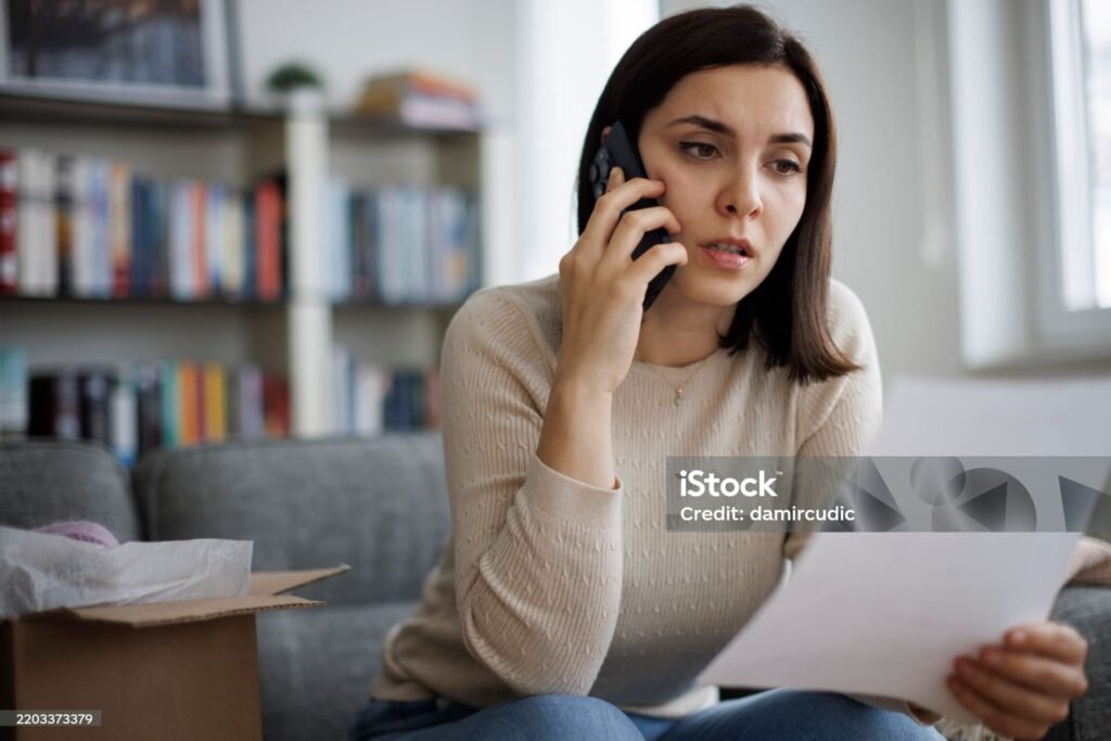 Frustrated woman contacting customer service about a delivery problem